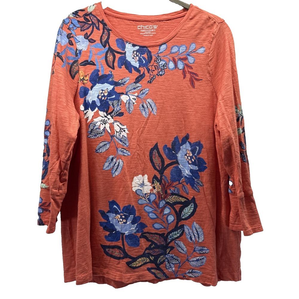 Chicos Women's Top Size Large Orange Blue Floral 3/4 Sleeves Button Pullover
